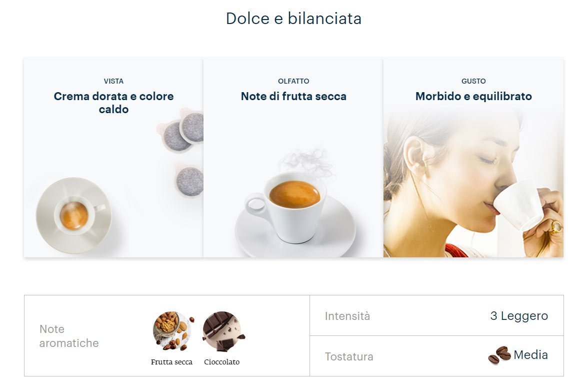 Cialde in carta Lavazza Dek Un'armonia tra corposità e profumi, esaltata dalla preparazione con la macchina espresso. Arabica e Robusta MISCELA Brasile, Africa Orientale, Sud Est asiatico ORIGINE Torino, Italia LAVORAZIONE