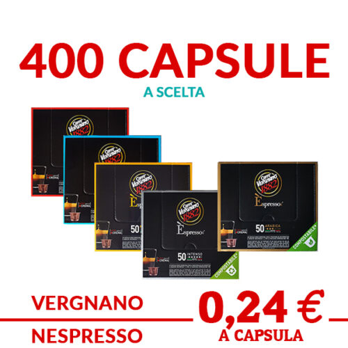 400 de capsule de cafea Vergnano COMPOSTABILE la alegere între o capsulă cremoasă, napoleană, intensă, arabica și decofeinizată compatibilă cu promoțiile și ofertele sistemelor Nespresso pe cialdeweb.it