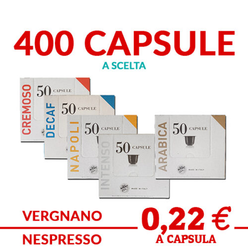 400 cápsulas de café Vergnano de su elección entre una cápsula de mezcla cremosa, nápoles, intensa, arábica y descafeinada compatible con los sistemas nespresso promociones y ofertas en cialdeweb.it