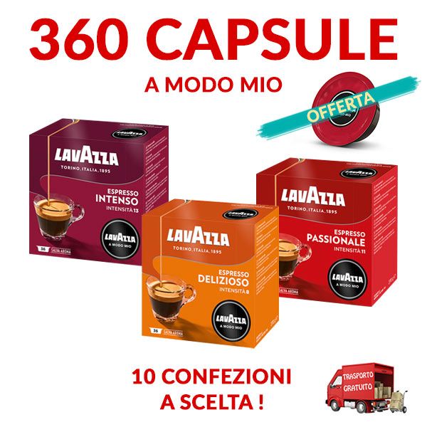 360 capsule în 10 pachete de 36 alese dintre cele mai bune calități Lavazza pentru aparatul A MODO MIO cu transport gratuit, promoții și oferte pe cialdeweb.it