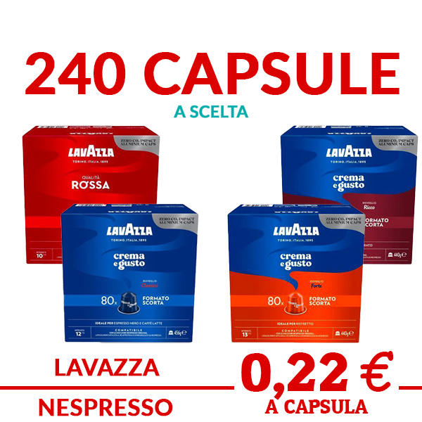 Caffè Lavazza compatibile Nespresso 240 capsule IN ALLUMINIO a scelta tra crema aroma gusto classico forte ricco e qualità rossa promo ed offerte su cialdeweb.it